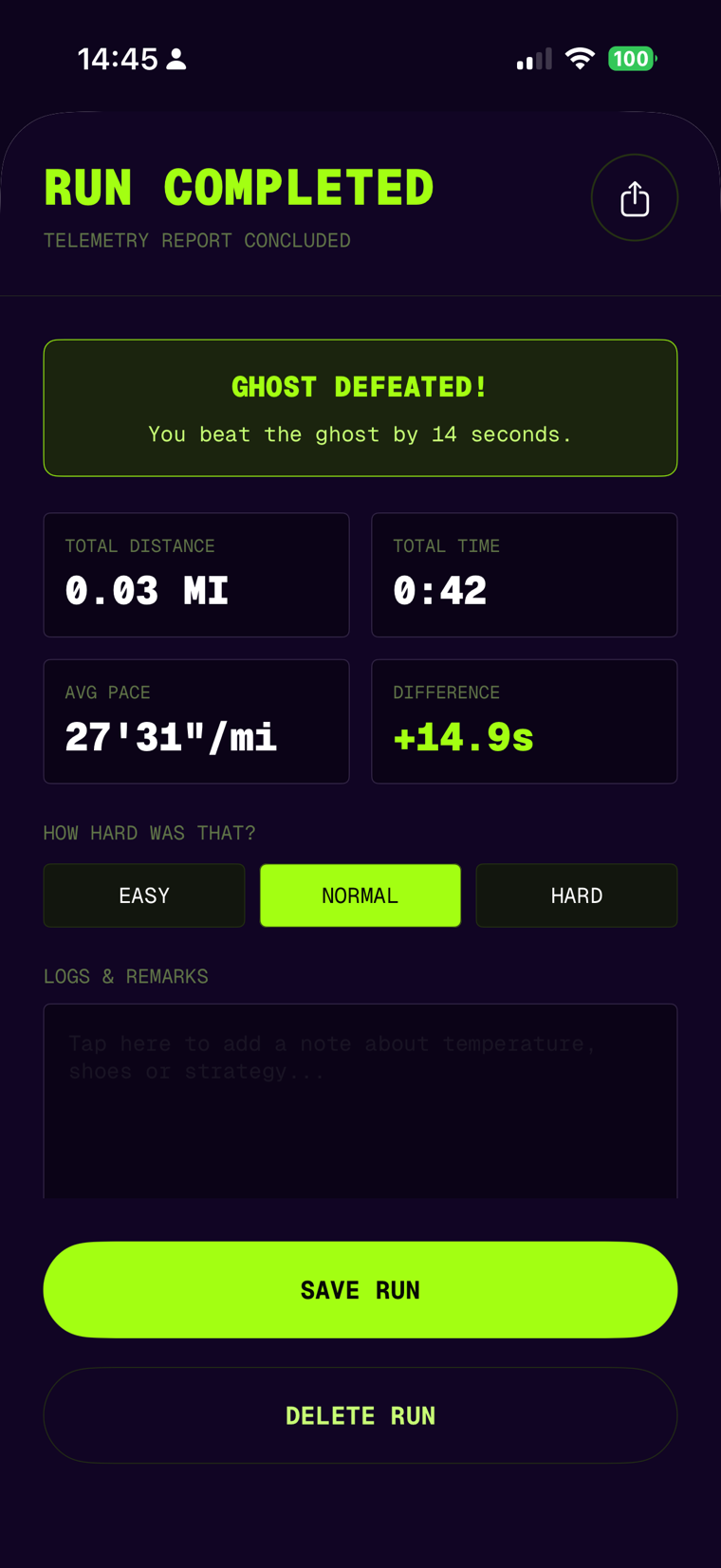 RunChasr End Run Summary screen reading Run Completed, Ghost Defeated, with a stat grid, effort selector, and a notes field