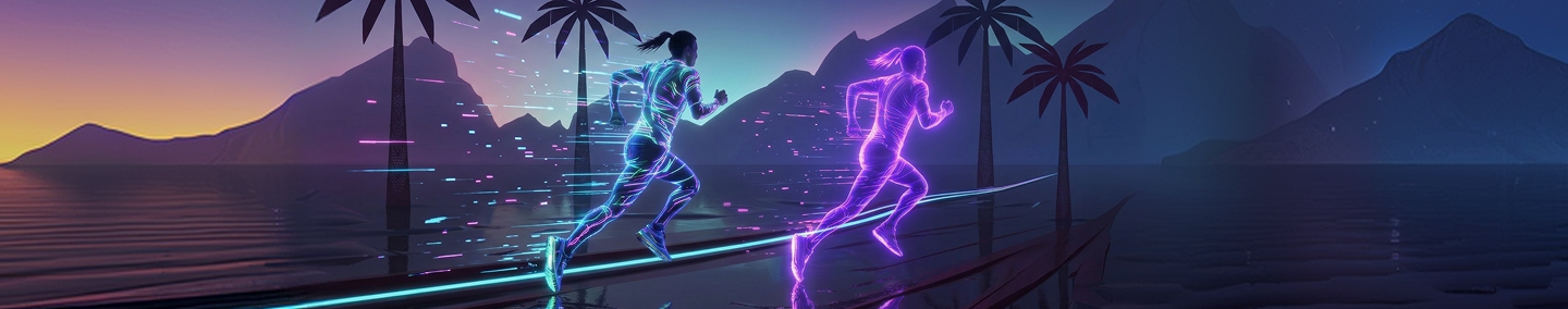 Two glowing neon runner silhouettes racing along a lit track through a starry mountain landscape