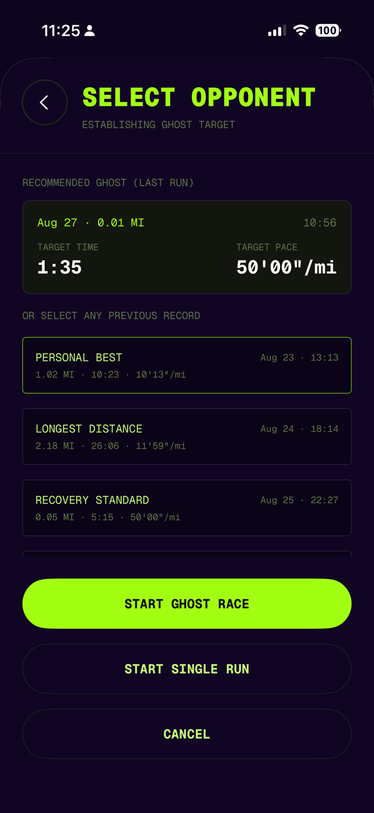 RunChasr Select Opponent screen showing the recommended ghost plus Personal Best, Longest Distance, and Recovery Standard suggestions